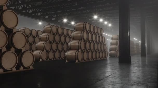 Barriles de vino, whisky, licor de bourbon o coñac en el sótano. Envejecimiento de alcohol en barricas de roble en almacén. Vino, cerveza, barriles de whisky apilados en una bodega. Loopable inconsútil 4K, animación 3D — Vídeos de Stock