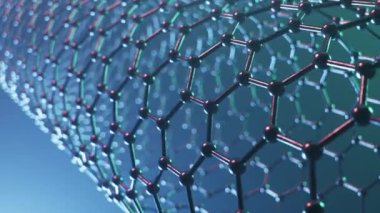 Grafen veya karbon yüzeyinin yapısı, soyut nanoteknoloji altıgen geometrik form yakın plan, konsept grafen atomik yapı, konsept grafen moleküler yapı, 4K döngü 3D animasyon