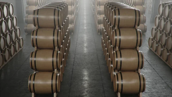 Barrels of wine, whiskey, bourbon liqueur or cognac in the basement. Aging of alcohol in oak barrels in warehouse. Wine, beer, whiskey casks stacked in a cellar, 3D illustration Stock Photo