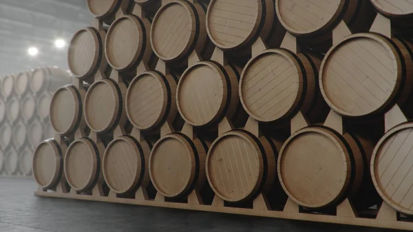 Barriles de vino, whisky, licor de bourbon o coñac en el sótano. Envejecimiento de alcohol en barricas de roble en almacén. Vino, cerveza, barriles de whisky apilados en una bodega, ilustración 3D Fotos De Stock