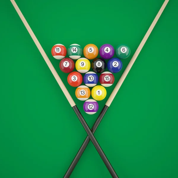 Billiard balls in a triangle with cues on green billiard table. — Stock Photo, Image