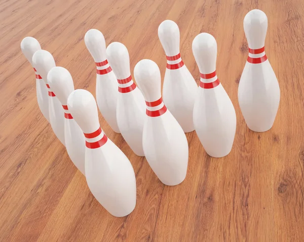 Illustrazione di birilli da bowling su un pavimento di legno . — Foto Stock