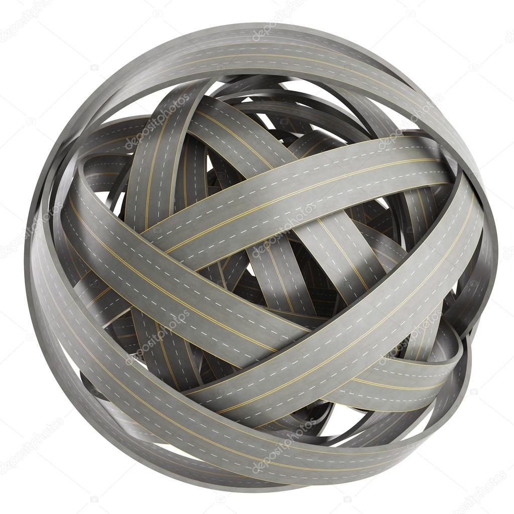 abstract sphere of tangled roads, isolated on white background.