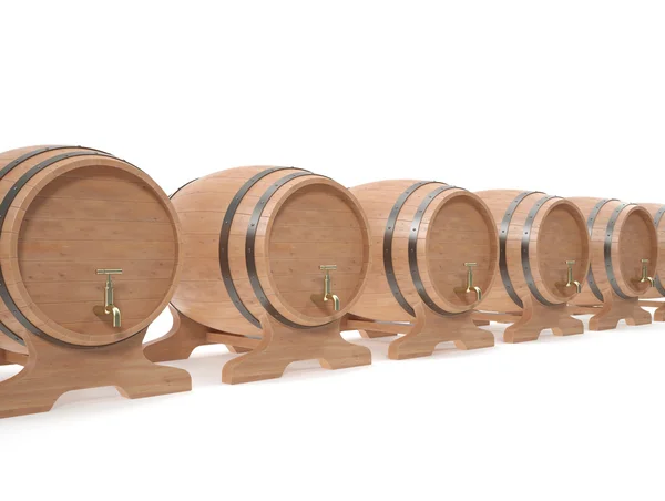 Barriles de madera para bebidas alcohólicas de cerveza, vino, ron, whisky aislado sobre fondo blanco con sombras . — Foto de Stock