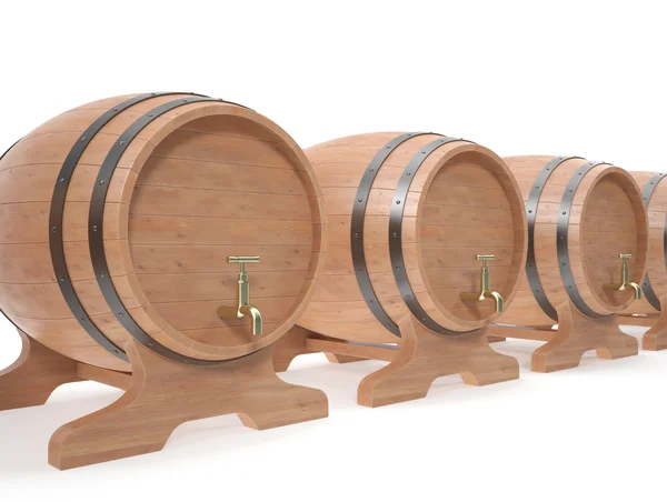 Holzfässer für alkoholische Getränke aus Bier, Wein, Rum, Whiskey-Brühe isoliert auf weißem Hintergrund mit Schatten. — Stockfoto