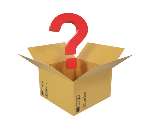 Ouvrir la boîte en carton avec question au-dessus de la boîte . — Photo