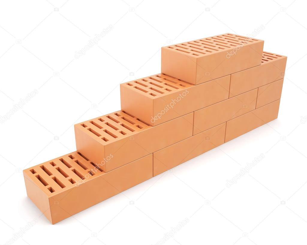 Building brick wall isolated on white background with shadows.
