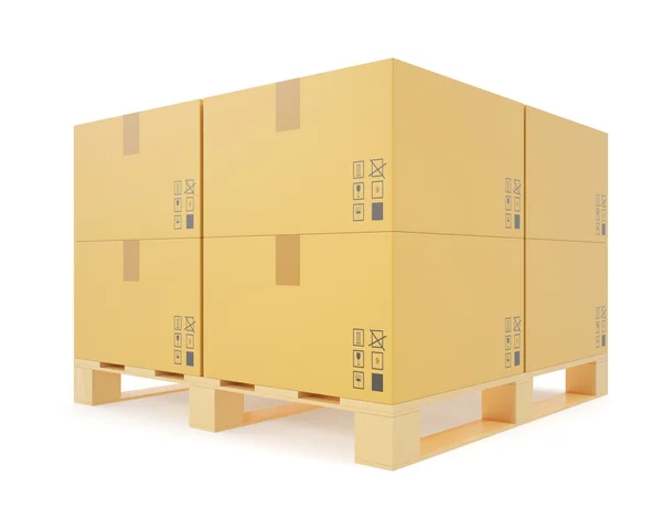 Magazijn concept van gestapelde kartonnen dozen op houten pallets. — Stockfoto