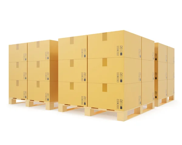 Concetto di magazzino di scatole di cartone impilate su pallet di legno . — Foto Stock