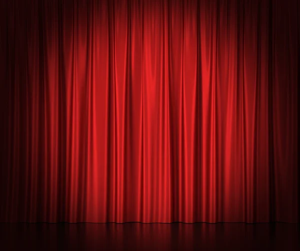 Rode zijden gordijnen voor theater en cinema spotlit licht in het midden. — Stockfoto