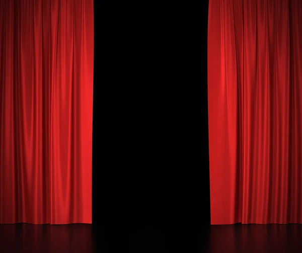 中心部の劇場や映画館めがけて光の開いた赤いシルクのカーテン. — ストック写真