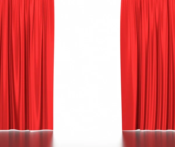 Nyitott vörös selyem függönyök, színház és mozi, a fehér hátterű. — Stock Fotó