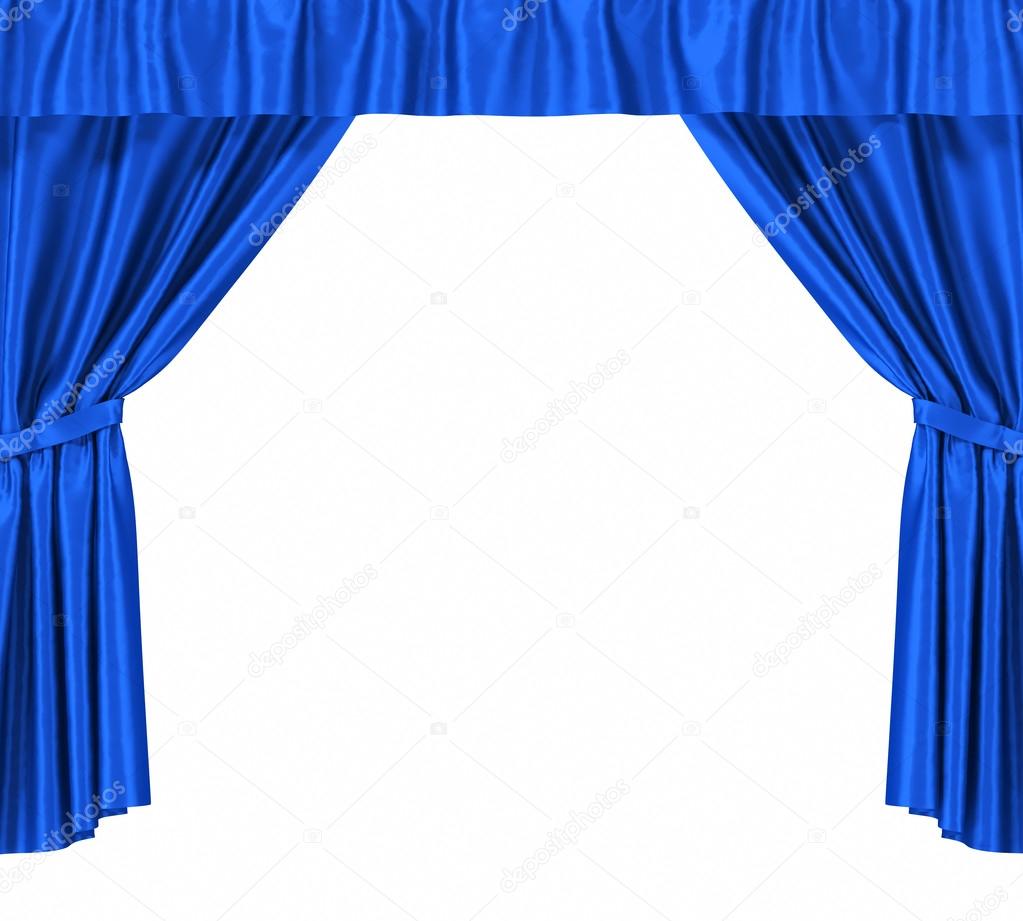Blue silk curtains with garter isolated on white background.