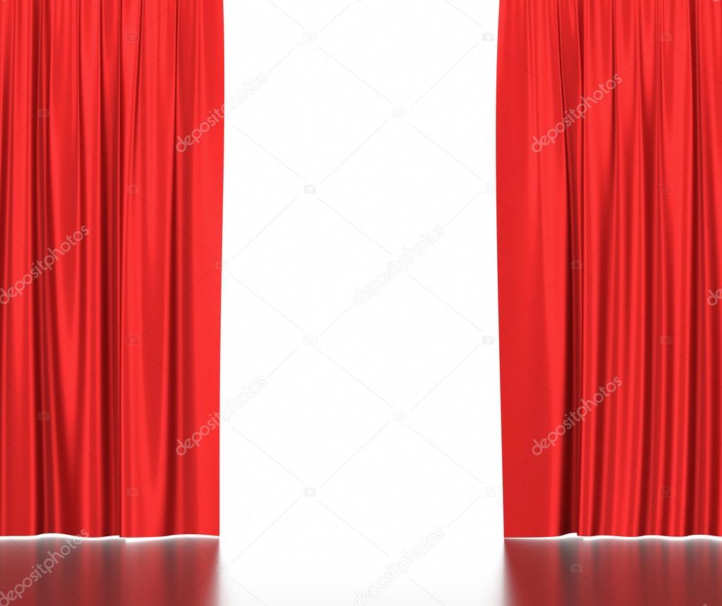 Open red silk curtains for theater and cinema with a white background.