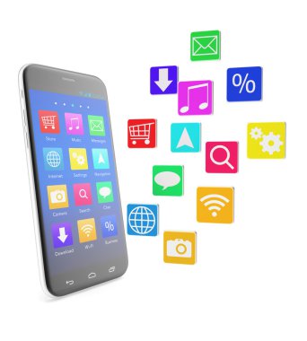 Gölge beyaz zemin üzerine izole simgeler şeklinde uygulamalarla Smartphone Dokunmatik ekran telefon.