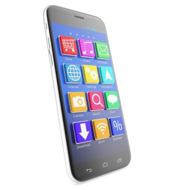 Beyaz bir arka plan üzerinde izole ekranında, kalıptan çekilmiş simgeler olarak uygulamaları ile dokunmatik ekran smartphone.