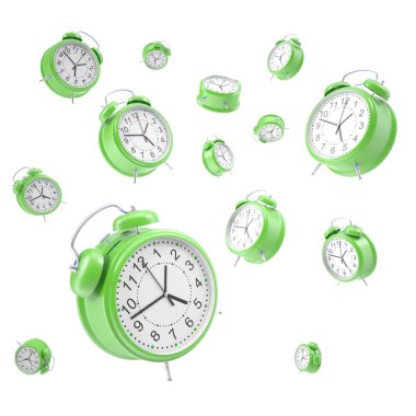 Beyaz bir arka plan üzerinde izole havada yüzen saatler alarm.