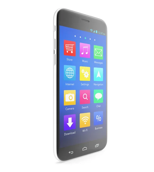 Telefon dotykowy smartphone z aplikacji na ekranie, na białym tle na białym tle z cieniami. — Zdjęcie stockowe