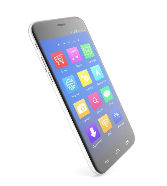Smartphone téléphone tactile avec des applications sur l'écran, isolé sur un fond blanc avec des ombres . — Photo