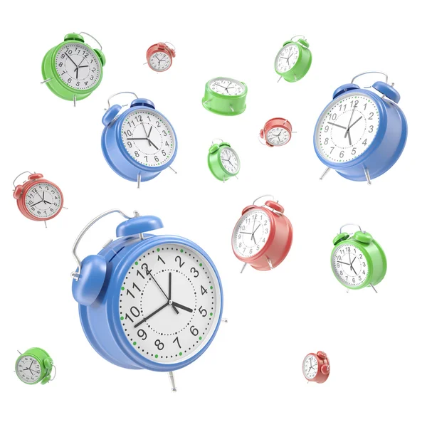 Beyaz bir arka plan üzerinde izole havada yüzen saatler alarm.