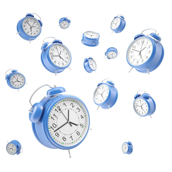 Relógios alarme flutuando no ar, isolado em um fundo branco . — Fotografia de Stock