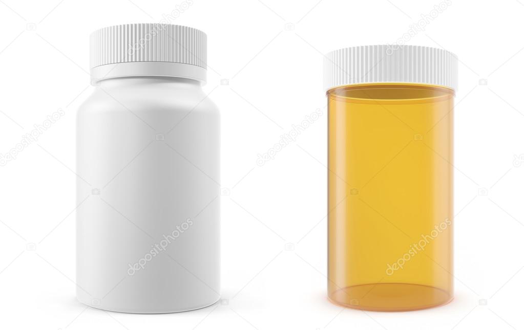 Set blank pill bottles isolated on a white background with shadows.