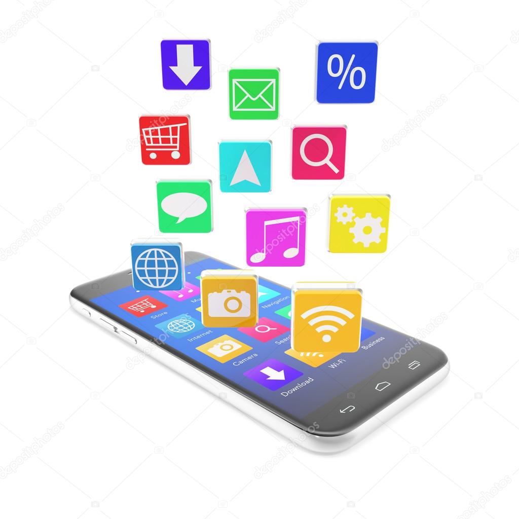 Smartphone touchscreen phone, with applications in the form of icons isolated on white background with shadow.