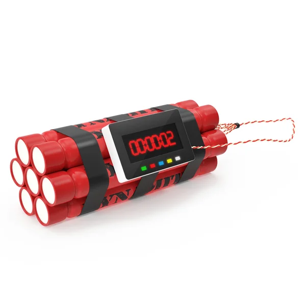 TNT dynamite red bomb with a timer isolated on a white background. — Stock Photo, Image