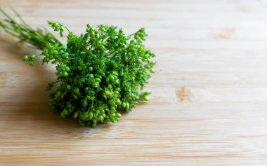 Ayrıca kişniş tohumu olarak da bilinen yeşil kişniş tohumları kopya alanı ve seçici bir odak noktasıyla tahta tahtanın üzerinde toplanmış. Bu tohumlar pek çok çeşit mutfakta kurutulmuş ya da yeşil olarak kullanılır..