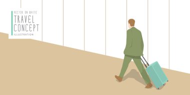 Bir bavul Havaalanı afiş düz vecto sürükleyerek işadamı