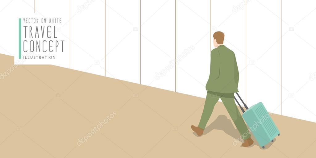 Businessman dragging a suitcase at the airport banner flat vecto
