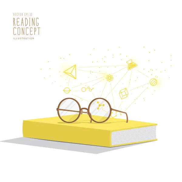 Κίτρινο βιβλίο με τα γυαλιά που αναπαύεται στην κορυφή. Φόντο είναι εικονίδια ref — Διανυσματικό Αρχείο