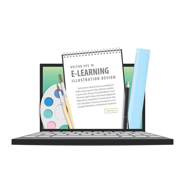 E-learning met laptop, leren via een online netwerk. met — Stockvector