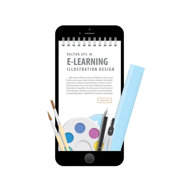 E-learning met mobiele telefoon, leren via een online netwerk — Stockvector
