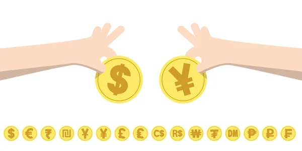 Dollar exchange yen and coins for currency exchange rates illust — Stock Vector