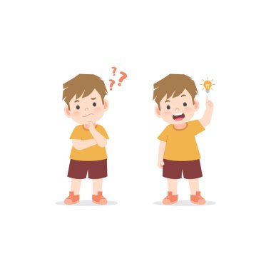 Çocuğun kafası karışıktı, meraklandı, bir sorunu vardı ve cevap vermeye çalıştı ve çocuk sorunun cevabını buldu. Beyaz arkaplanda resimli karakter vektör tasarımı.