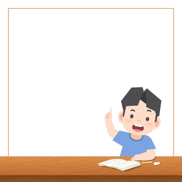 Prázdný Textový Rámeček Banneru Asijský Chlapec Studovat Stole Přijít Něco — Stockový vektor
