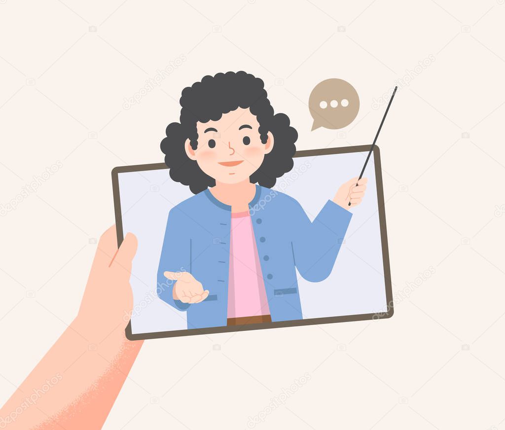 a hand holding tablet see teacher teaching video call online to learning from distancing place, illustration vector. Education Concept.