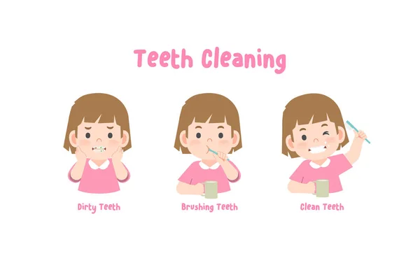 Dişlerini Fırçalayarak Dişlerini Fırçalayan Bir Kız Beyaz Arkaplanda Illüstrasyon Vektörü Vektör Grafikler