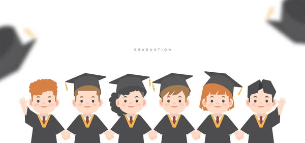 Eine Gruppe Von Graduierten Kindern Kleid Niedlichen Charakter Cartoon Halten lizenzfreie Stockillustrationen