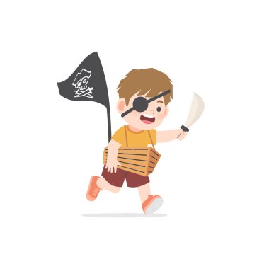 Hayalperest bir çocuk, beyaz arka planda korsan gibi oynayan karton kutudan memnun olur, çizim vektörü. Çocuk konsepti