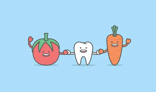 Зубной Персонаж Мультфильма Держаться Руку Дружелюбны Морковью Означает Зуб Здоровым — стоковый вектор