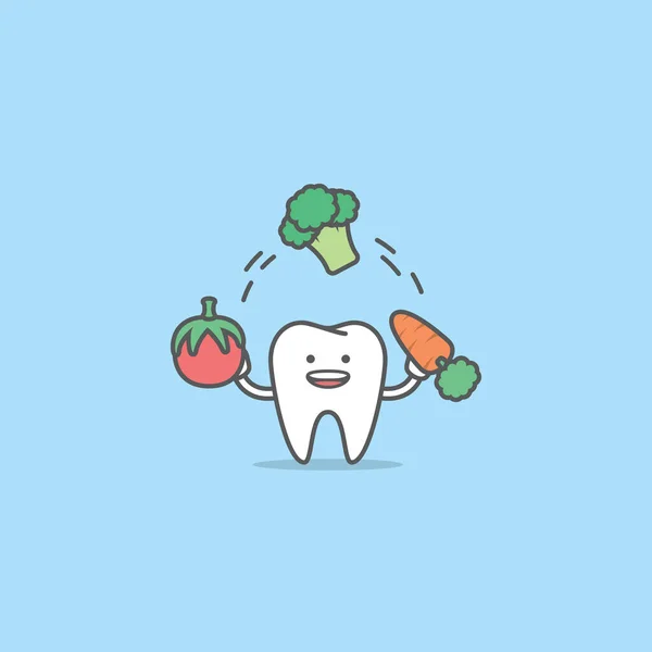 Eine Zahn Cartoon Figur Die Mit Tomate Brokkoli Karotte Jongliert Stockvektor
