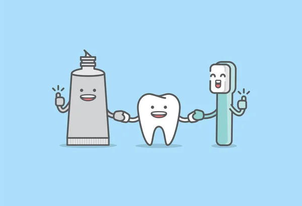 Ein Freundlicher Zahn Zahnbürste Zahnpasta Cartoon Figur Hält Hand Zusammen lizenzfreie Stockvektoren