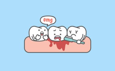 Diş fırçası illüstrasyon çizgi film karakteri tasarımı ile mavi arka planda fırçalarken beyaz dişlerin kanadığı diş karikatürü. Diş sağlığı konsepti.