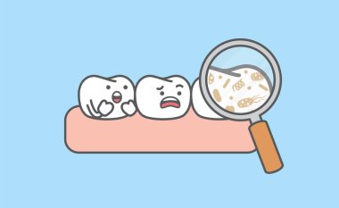 Beyaz dişlere bakmak için bir büyüteç diş karikatürü ama mavi arkaplanda hastalıklı bir bakteri illüstrasyon çizgi film karakteri tasarımı var gibi görünüyor. Diş sağlığı konsepti.
