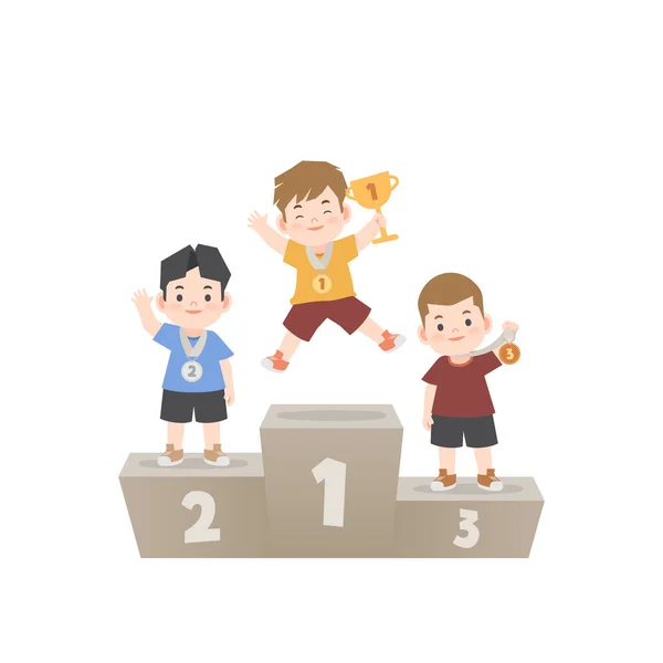 Winner Boys Happy Trophy Medal Standing Winner Podium White Background — 图库矢量图片