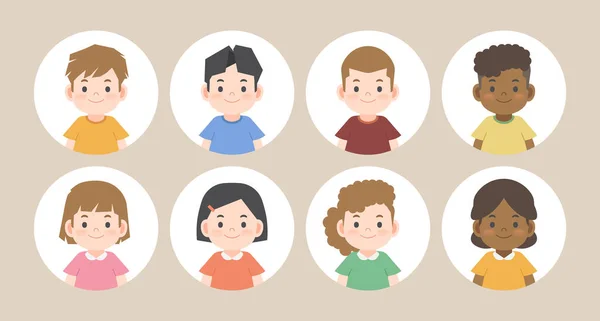 Grupo Niños Lindos Avatar Icono Cara Conjunto Dibujos Animados Personajes — Vector de stock
