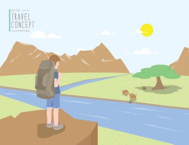 Manzara yarış bakan bir uçurumun üzerinde duran backpacker