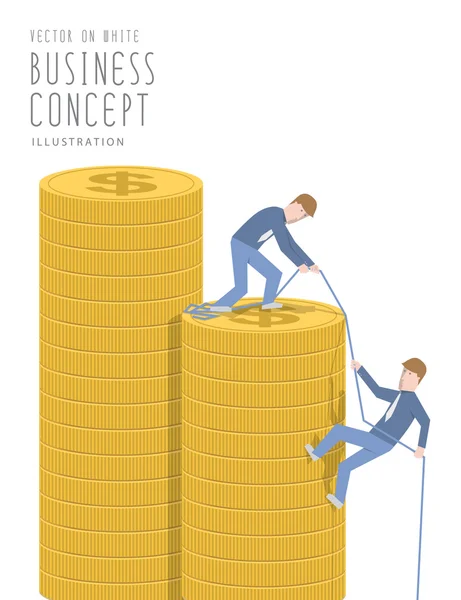 Businessman helping his friend pull up on the pile of coins flat — Stock Vector